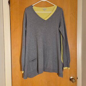 Lisa Todd V-Neck Pullover Tunic Sweater Size M Gray Neon Yellow Cashmere Cotton